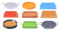 Empty meal trays. Cartoon tray food dish cafeteria service, wood plastic metal kitchen circle square plate canteen