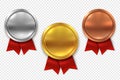 Empty medals. Blank round gold silver and bronze medal with red ribbons isolated vector set Royalty Free Stock Photo