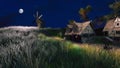 Empty medieval village with windmill at night 3D