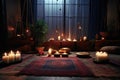 an empty meditation space with incense and candles