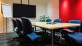 The Empty Meeting Room with Used Office Furniture. Conference Table, Fabric Ergonomic Chairs, Blank Screen and Blank Paper Flip Ch