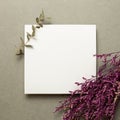 Empty memo paper with pink misty blue dry flowers and eucalyptus leaves on gray background Royalty Free Stock Photo