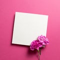 Empty memo paper with pink spray carnation flower on pink background