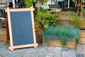 Empty menu advertising board and wooden box of grass Royalty Free Stock Photo