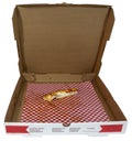 Empty messy pizza box with crust