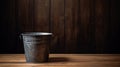 Empty Metal Bucket On Wooden Table: Post-apocalyptic Tonalism