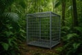 An empty metal cage in a dense forest. Royalty Free Stock Photo