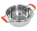 Empty metal colander with red plastic handles isolated on white Royalty Free Stock Photo