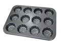 Empty metal muffin cupcake tray for baking isolated on white bac