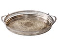 Empty metal old Antique silver tracery tray isolated on white background. Retro style Royalty Free Stock Photo