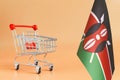 An empty metal shopping basket and the flag of the Republic of Kenya on a light background is a concept of consumption