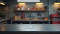 Empty metal workshop table surface front view. Blurred background with shelves holding tools, toolboxes, and supplies. Interior Royalty Free Stock Photo