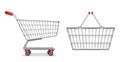 Empty metallic supermarket shopping cart side view isolated. Realistic supermarket basket, retail pushcart vector Royalty Free Stock Photo