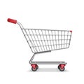 Empty metallic supermarket shopping cart side view isolated on white. Realistic supermarket basket, retail pushcart Royalty Free Stock Photo