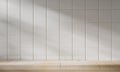 Empty minimal wooden table with tree shadow drop on white wall background