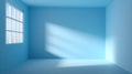 Empty minimalist blue room with sunlight casting shadows through window onto floor and walls Generative AI Royalty Free Stock Photo