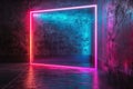 Empty minimalist frame illuminated by vibrant neon lighting in pink and blue hues, set against grungy wall with ample Royalty Free Stock Photo