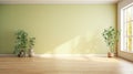 Empty minimalist room in modern apartment. Pistachio wall, hardwood floor, indoor plants in floor pots, large windows