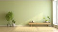 Empty minimalist room in modern apartment. Pistachio wall, hardwood floor, wooden console with elegant vases, indoor