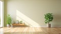 Empty minimalist room in modern house or apartment. Pistachio walls, hardwood floor, wooden console with elegant vases
