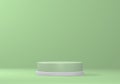 Empty minimalistic green podium with white rim in studio lighting. A single cylinder on a green background. 3d render