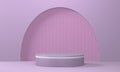 Empty minimalistic pink podium with white rim in studio lighting. Single cylinder on a pink background with an arch. 3d render