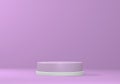 Empty minimalistic pink podium with white rim in studio lighting. A single cylinder on a pink background. 3d render