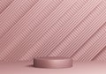 Empty minimalistic rose podium in studio lighting. Single cylinder against the rose background of a diagonal lattice. 3d render