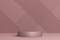 Empty minimalistic rose podium in studio lighting. Single cylinder against the rose background of a diagonal lattice. 3d render
