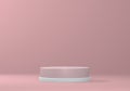 Empty minimalistic rose podium with white rim in studio lighting. A single cylinder on a rose background. 3d render