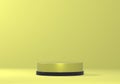 Empty minimalistic yellow podium with black rim in studio lighting. A single cylinder on a yellow background. 3d render