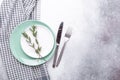 Empty mint and white plates  linen napkin  eucalyptus leaves and cutlery on stone background Copy space Top view Royalty Free Stock Photo