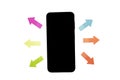 Empty mobile phone screen with colorful sticker paper tape with arrow symbol Royalty Free Stock Photo