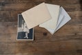 Empty mock up background of old wood, set of vintage photos with blank, back side of the photo, concept family genealogy, memories Royalty Free Stock Photo