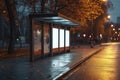 Deserted Bus Stop on Autumn Evening with City Lights