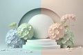 Empty Mockup podium or pedestal with pastel hydrangeas flowers. Blank shelf product standing background. Generative AI