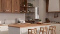 Empty mockup space on beautiful wood kitchen countertop in minimal Scandinavian kitchen Royalty Free Stock Photo