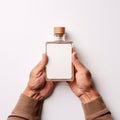 Empty Mockup Of Whiskey Bottle With White Label And Elderly Hand Holding It