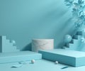 Empty Mockup White Marble Podium On Blue Color Scene 3d Render