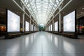 Empty modern airport terminal lounge. Large windows, comfortable views, information stands. Royalty Free Stock Photo