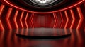 Futuristic red auditorium stage with chevron patterned walls and neon lighting Royalty Free Stock Photo