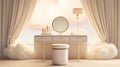 empty modern beige dressing table gold handle drawer storage, twig glass vase, round vanity mirror in cream wall bedroom in