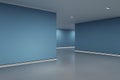 Empty modern blue gallery interior with mock up place on wall and reflections on floor. Art, no people, museum and exhibition