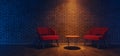 Empty Modern Brick Wall Interior Modern Two Chairs And Empty Table On Concrete Floor Orange Spotlight Blue Glowing Minimalist Royalty Free Stock Photo