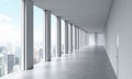 Empty modern bright clean interior of an open space office. Huge panoramic windows with New York view. A concept of luxury space f Royalty Free Stock Photo