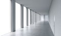 Empty modern bright clean interior of an open space office. Huge panoramic windows with white copy space and white walls. A concep Royalty Free Stock Photo