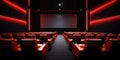 Empty Modern Cinema Room with Red Seats and Neon Lights On Walls. Viewed Over Screen. Generative AI Royalty Free Stock Photo