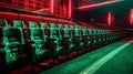 Empty modern cinema with rows of seats. Green chairs and red lights on walls. Generative AI Royalty Free Stock Photo