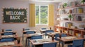 Empty modern classroom prepared for students featuring a welcome back chalkboard and bright sunlight on white background Royalty Free Stock Photo