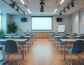 Empty modern classroom with rows of tables and chairs. Projector screen on the wall awaits a presentation. Contemporary learning Royalty Free Stock Photo